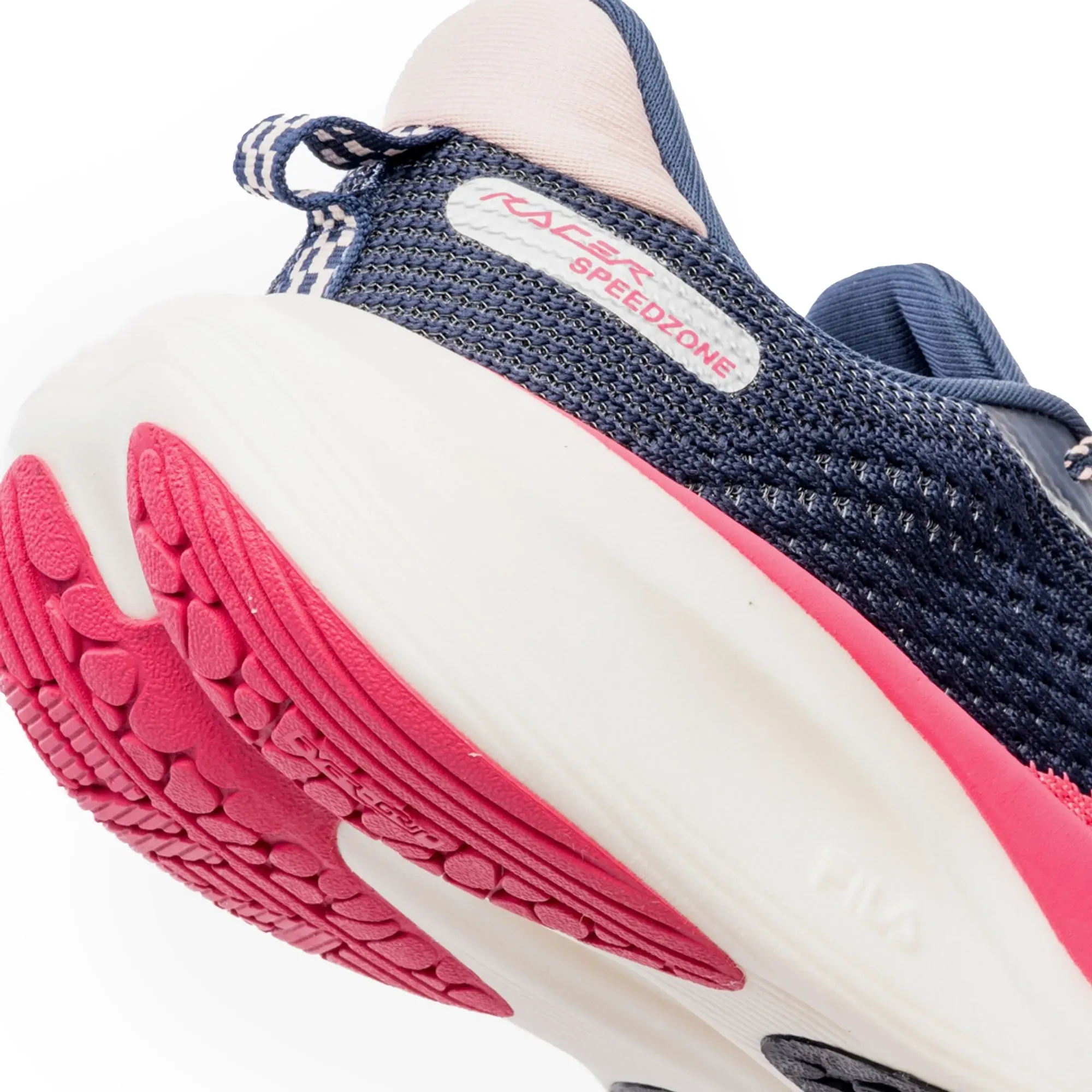 Tênis Fila Racer Speedzone feminino azul marinho mostrando o solado em EVA rosa e branco